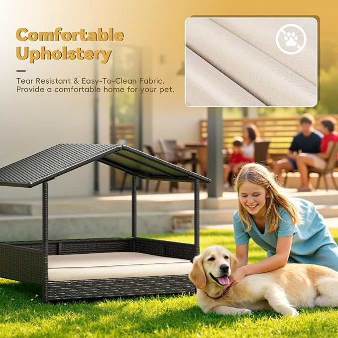 Greesum Wicker Dog House for Small/Medium Dogs, Outdoor Indoor Elevated Dog Shelter Dog Bed with Cushion, for Deck, Patio, Yard, Pool, Black House