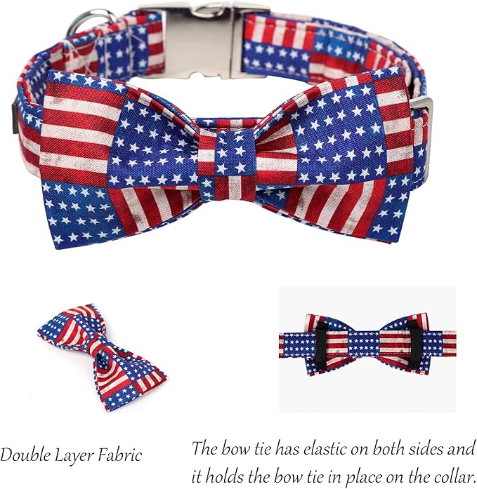 Lionet Paws Patriotic Dog Collar with Bowtie, 4th of July, Soft and Comfortable Adjustable American Flag Bowtie Collar for Large Dogs Male Female Gift, Neck 16-24 inches