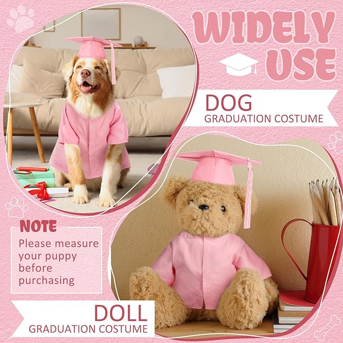 Xuniea 2 Pcs Dog Graduation Costume Set 2025 Dog Graduation Cap and Gown Puppy Hat with Tassel Matte Pet Grad Outfit Cats Grad Bear Holiday Party Costume Accessory(Pink,Large)