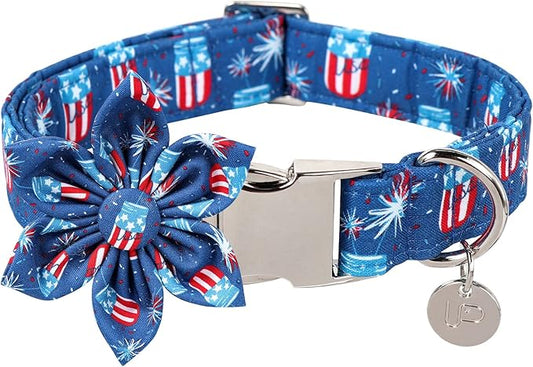 Patriotic Dog Collar with Flower, 4th of July Flower Dog Collar, American Flag Collar for Medium Girl Dog, Comfortable Summer Flower Collar with Metal Buckle, M