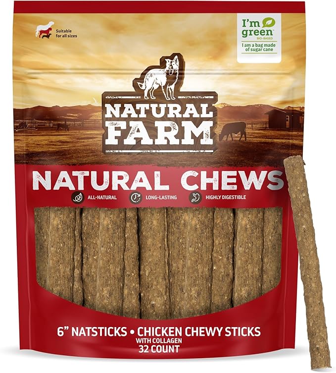 Natural Farm Quick Chicken Chewy Sticks (32-Pack), Low Calorie, Delicious Crunchy Dog Treats with Collagen, High Protein, Great for Small & Medium Dogs