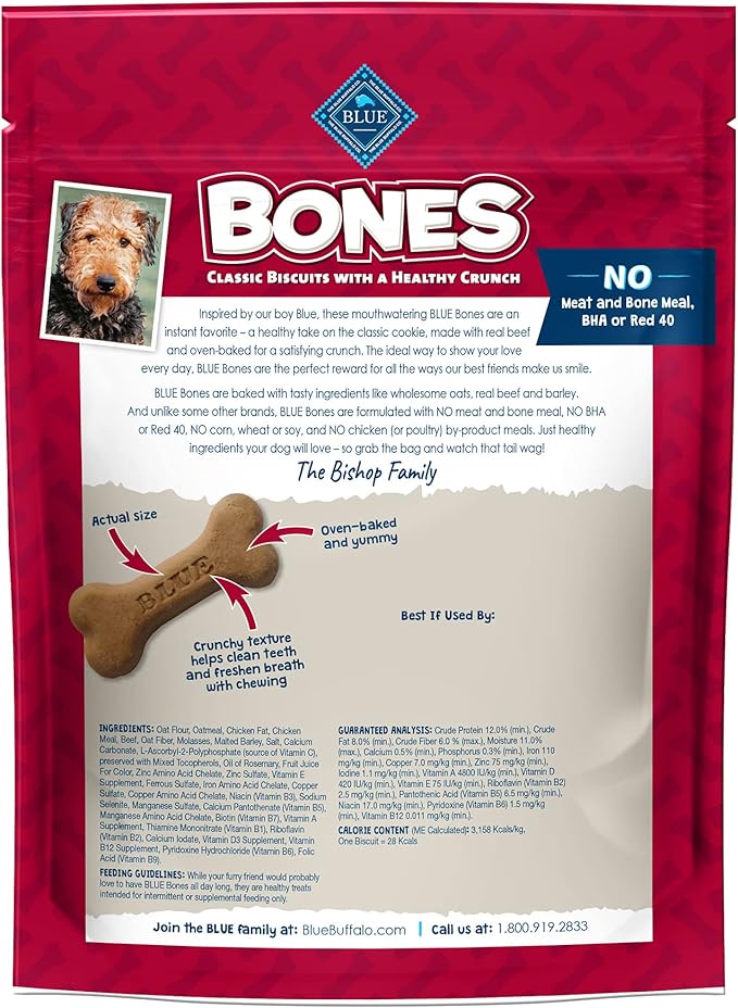 Blue Buffalo Bones Natural Crunchy Dog Treats Medium Dog Biscuits Beef, 16oz. Bag, 4 Count