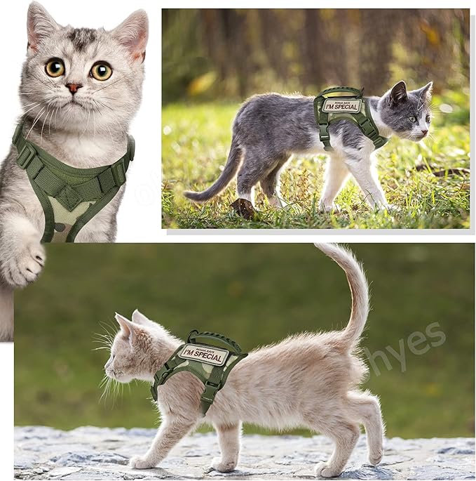 Tactical Cat Harness for Walking Escape Proof, Soft Mesh Adjustable Pet Vest Harness for Large Cat,Small Dog (L, A-Green)