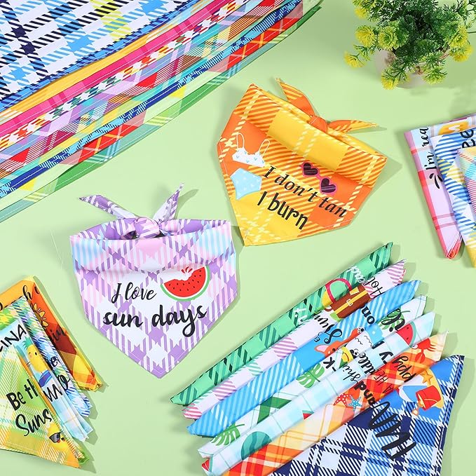 Sweetude 100 Pcs Summer Plaid Dog Bandana Bulk with Sayings Hawaii Bandana Pet Scarf Triangle Bibs Washable Puppy Kerchief Adjustable Grooming Supplies for Small Medium Large Dog Cat Accessories