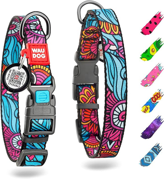WAUDOG Nylon Dog Collar - Adjustable Dog Collar for Large Dogs, Small & Medium Dogs - Breakaway Puppy Collars for Large Breed Dogs - Boy & Girl Dog Collars with Durable Plastic Buckle and QR Dog Tag