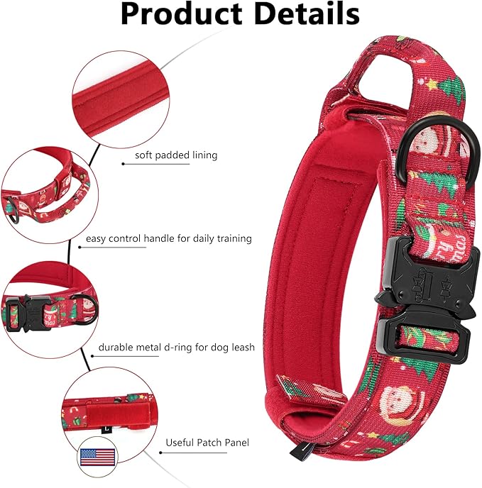 DAGANXI Tactical Dog Collar, Adjustable Military Training Nylon Dog Collar with Control Handle and Heavy Metal Buckle for Medium and Large Dogs, with Patches and Airtags Case (M, Christmas red-Set)