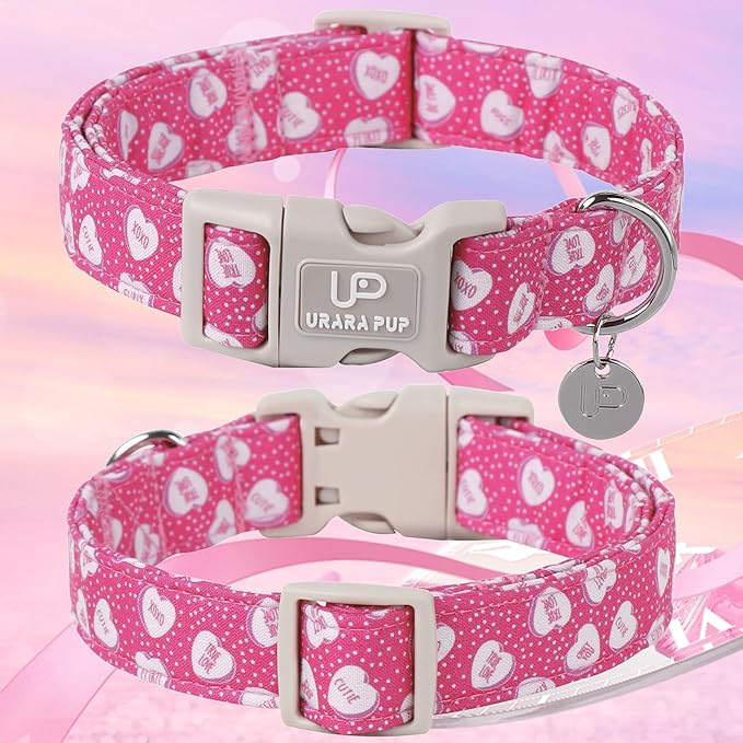 Valentine’s Dog Collar, Pink Heart Dog Collar with Quick Release, Valentine’s Gift Pet Collar for Puppy Girl Boy Dog, Wedding Dog Collar