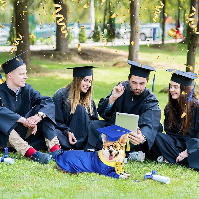5 Pcs Dog Graduation Costume Set Include 2025 Pet Graduation Gown with Stole Puppy Grad Cap Lensless Glasses DIY Letter Stickers for Dogs Cats Holiday Costume Accessory(Blue Yellow,S)
