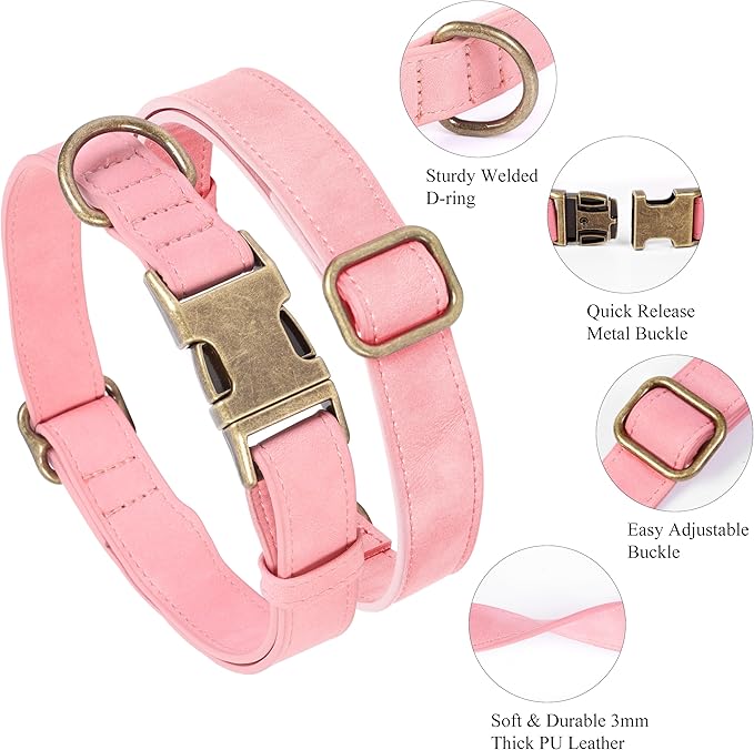 Soft Leather Dog Collar for Small Medium Large Dogs, Heavy Duty Dog Collar Leather with Quick Release Metal Buckle, Durable & Adjustable for Large Dogs Walking (Pink, L)