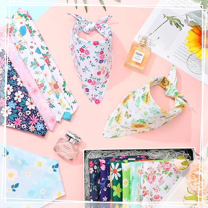 Silkfly 50 Pieces Summer Bandanas for Dog Bulk Adjustable Spring Triangle Scarf with Flower Floral Dog Bandanas Bibs Washable Pet Kerchief for Small Medium Large Pet Cat Costume Accessories Decoration