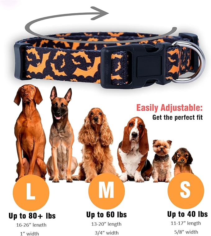 Native Pup Halloween Dog Collar- Spooky Fall Themed Horror Costume Collars- Skull, Pumpkin, Ghost, Bat, Witch, Candy Corn, Spider- Adjustable for Small, Medium, Large Breeds (Small, Orange Bats)