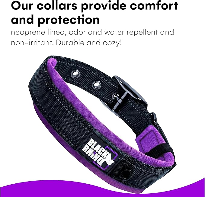 Black Rhino Extra Large Dog Collar - Adjustable Reflective Heavy Duty Wide Dog Collar with Ultra-Soft Neoprene Padding - Weatherproof, Durable, and Comfortable for Active Dogs - Purple and Black
