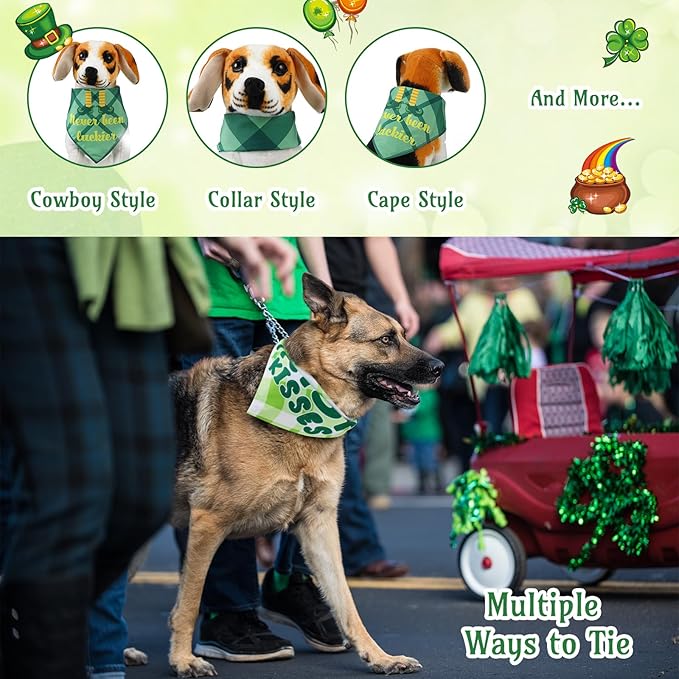 Sweetude 100 Pcs St Patrick's Day Plaid Dog Bandanas Bulk with Sayings Irish Pet Scarf Bibs Adjustable Washable Holiday Costume Accessories Grooming Supplies for Small to Large Cats Dogs