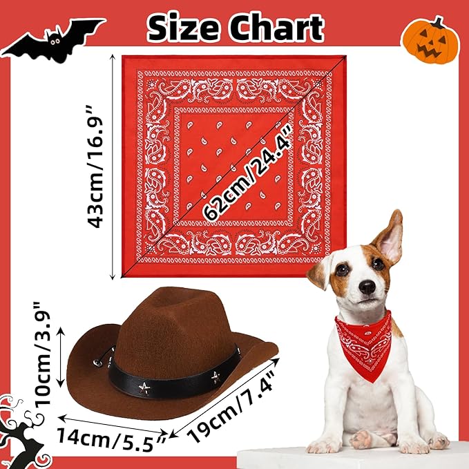 PUPTECK Paisley Dog Bandana Outfit Scarf with Cute Doggy Cowboy Hat, Halloween Costume Decorations Supplies for Small Medium Large Dogs Boy Girl Gifts, Brown & Red