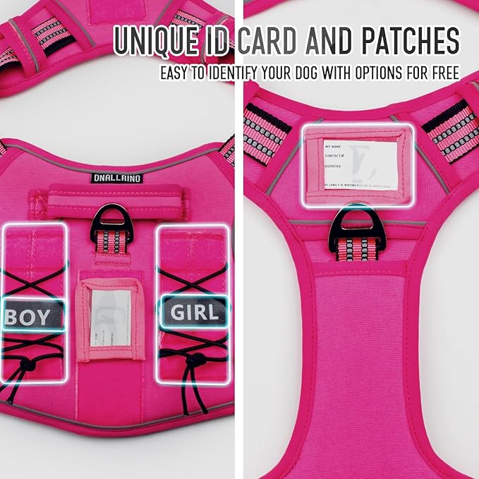 Tactical Dog Harness for Medium Large Dogs, Pink Dog Harness with ID Card, Reflective Hiking Harness for Training Easy Control Dog Vest with Handle Pink