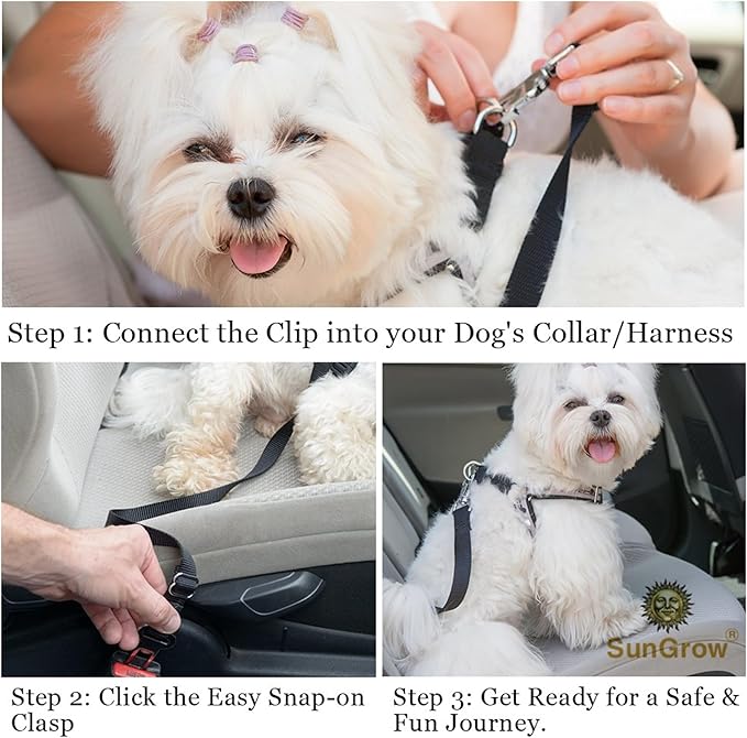 SunGrow Dog Seat Belt for Car, Adjustable Nylon Pet Seatbelt, Supports All Cars, Dog Car Leash Seat Belt, Seatbelt for Dogs, Cats & Ferrets Travel Harness