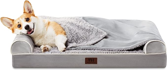 WESTERN HOME Orthopedic Dog Beds for Large Dogs, Foam Pet Sofa with Hooded Blanket, Removable Washable Cover and Nonskid Bottom, Dog Couch Bed for Comfortable Sleep