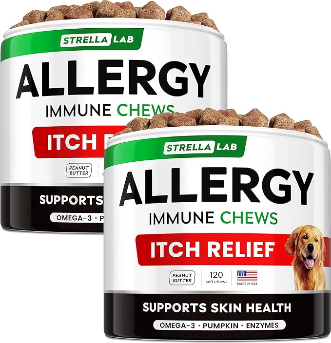 STRELLALAB Dog Allergy Relief & Anti Itch Support Chews w/Omega 3: Real Ingredients, Real Taste! Skin & Coat Immune Supplement w/Fish Oil, Pumpkin & Enzymes - Made in USA - 9.3 oz
