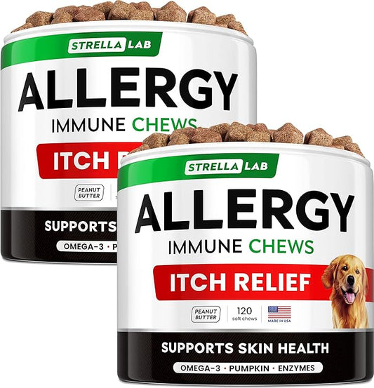 STRELLALAB Dog Allergy Relief & Anti Itch Support Chews w/Omega 3: Real Ingredients, Real Taste! Skin & Coat Immune Supplement w/Fish Oil, Pumpkin & Enzymes - Made in USA - 9.3 oz