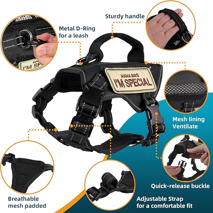 Tactical Cat Harness and Leash Black for Walking Esacpe Proof, Adjustable Soft Mesh Large Cat Vest with Handle Easy to Control,Molle Patches L