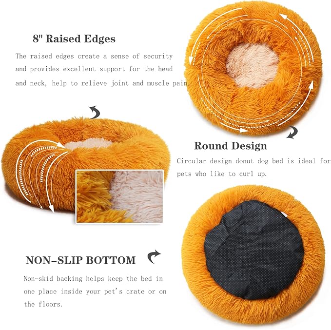 Round Small Dog Bed Washable Cozy Soft Calming Pet Bed with Anti-Anxiety Fits up to 15lbs,Orange 19 inches