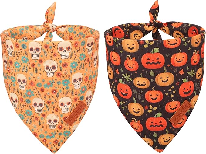 PTDECOR Halloween Dog Bandana, Skeleton Pumpkin Reversible Holiday Dog Scarf, Triangle Halloween Bandanas for Medium Large Dogs Pets (Large)