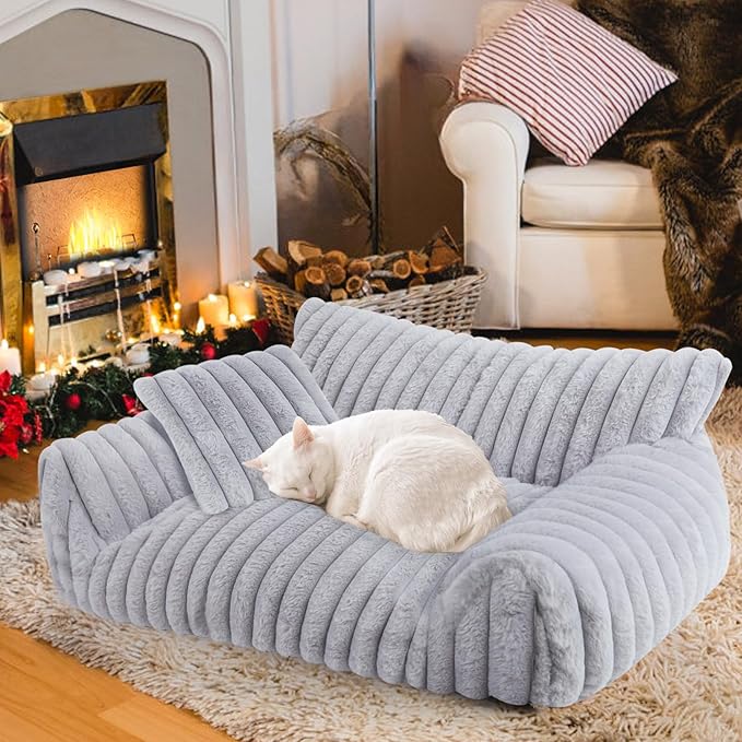 Cute Cat Couch Bed for Indoor Cats, Fluffy Pet Cat Sofa with Premium Soft Corduroy Fleece, Cute Small Dog Beds for Small Dogs, Fuzzy Puppy Chair with Removable Washable Cover (24x18x10,Grey)