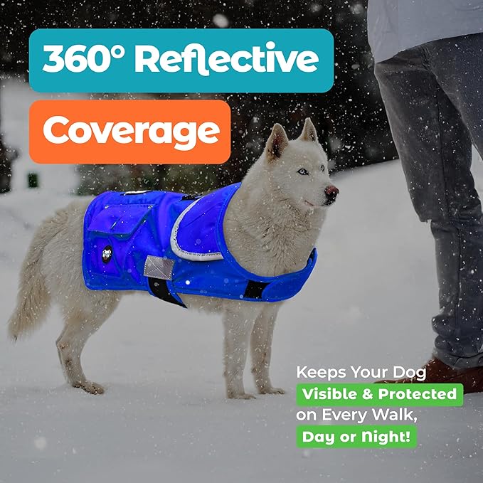 Joyride Harness FrostFlex Dog Winter Jacket - Fleece Lined & Water-Resistant - Snowsuit with Pockets for Treats & Poop Bags - Durable Cold Weather Dog Coat - Blue Serenity-XS