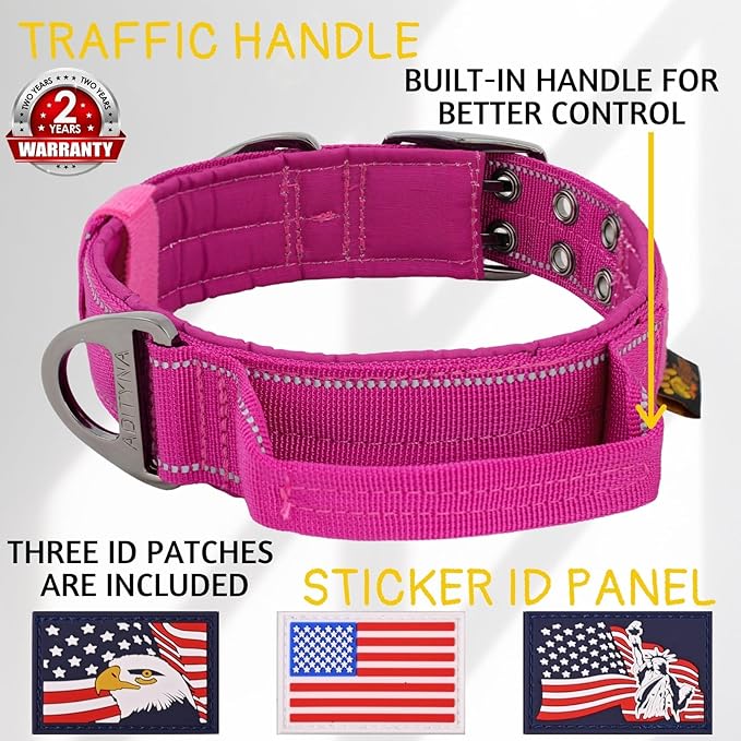 ADITYNA Heavy Duty Dog Collar for Extra-Large Dogs - Reflective Magenta Collar with Handle for Training, and Walking - Wide, Thick, Tactical, Soft Neoprene Padded