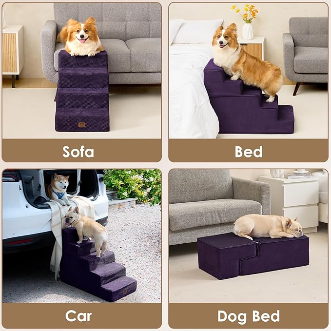 EHEYCIGA Dog Stairs for Bed 18”H, 4-Step Dog Steps for High Bed, Pet Steps for Small Dogs and Cats, Non-Slip Balanced Pet Ramp Indoor, Purple