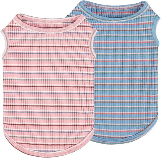 2Pack Dog Shirts for Small Dogs Girl Boy Striped Dog Shirt Vest Soft Stretchy Puppy Clothes Sleeveless Colorful Sweatshirt Small Puppy Outfit for Chihuahua Yorkie, Pink+Blue, XS