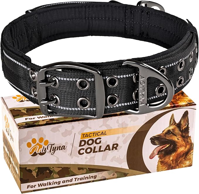 ADITYNA Heavy Duty Dog Collar for Extra-Large Dogs - Reflective Black XL Collar with Handle for Training, and Walking - Wide, Thick, Tactical, Soft Neoprene Padded