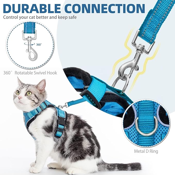 PUPTECK Cat Harness and Leash Set Escape Proof Reflective Cat Walking Harness Adjustable Soft Breathable Mesh Vest for Small Pets, Blue, M