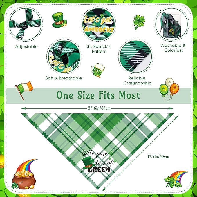 Sweetude 100 Pcs St Patrick's Day Plaid Dog Bandanas Bulk with Sayings Irish Pet Scarf Bibs Adjustable Washable Holiday Costume Accessories Grooming Supplies for Small to Large Cats Dogs
