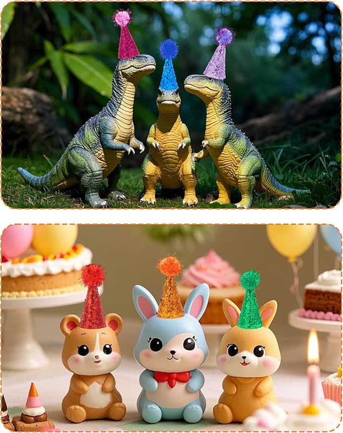 PET SHOW 10 Pack Hamster Hats Tiny Hats for Snakes Hedgehog Lizard Reptile Mini Animal Figure Hats with Tinsel Pom Adjustable Headband Guinea Pig Chicken Bird Small Pet Birthday Party Accessories
