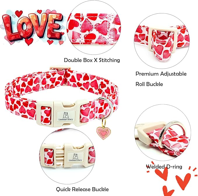 Lionheart glory Valentine Collar, Red Hearts Dog Collar for Medium Cute Dog Collars Spring Female Pet Gift Adjustable Heavy-Duty Holiday Dog Collar Plastic Buckle