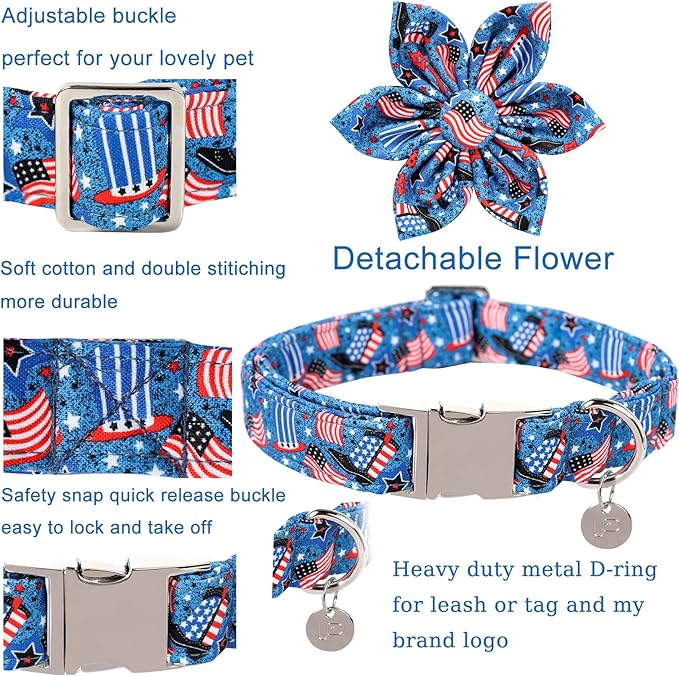 Patriotic Dog Collar with Bow Tie, 4th of July Flower Dog Collar, American Flag Collar for X-Large Boy Girl Dog, Comfortable Summer Flower Collar with Metal Buckle, XL