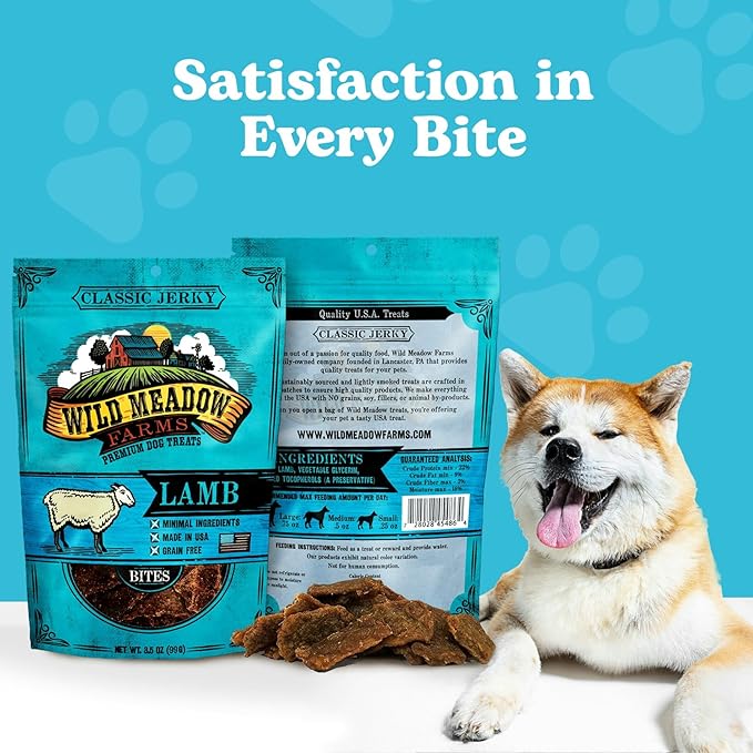 Wild Meadow Farms - Classic Lamb Bites, Soft Jerky Treats for Dogs, Grain-Free & All-Natural, Ideal for Training, Portioning, and High-Value Rewards for All Breeds & Ages - 3.5 Ounce Pouch