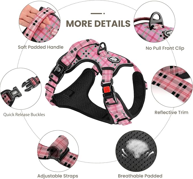 FURRYFECTION Plaid Dog Harness for Medium Dogs | No Pull Reflective Pet Harness | No Choke Adjustable Dog Vest Harnesses | with Leash | Easy Control Handle | Front Lead | Seat Belt | Pink&Black| M