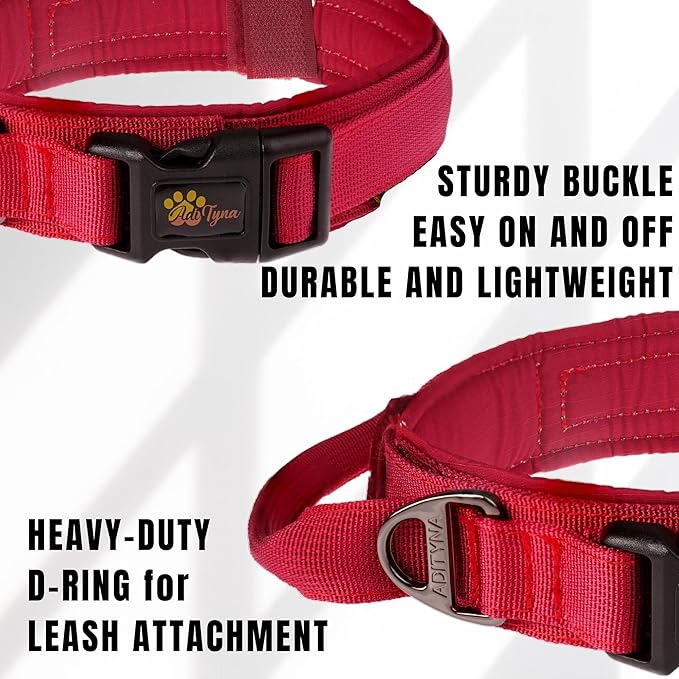 ADITYNA - Tactical Dog Collar for Large Dogs - Soft Padded, Heavy Duty, Adjustable Burgundy Dog Collar with Handle for Training and Walking