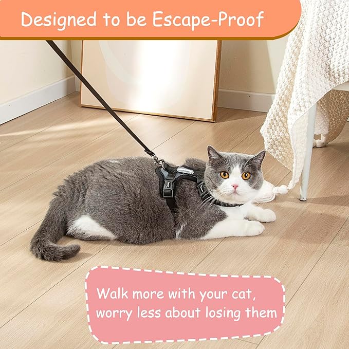 Cat Harness and Leash Set for Walking Lightweight Escape Proof Kitten Vest Harness Soft Fit for Cat Puppy Rabbits Easy Control (Grey Black, M(Chest:12.5''-19'', Neck:8''-12''))