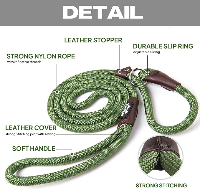 TwoEar Slip Leads for Dogs, 1/2" x 6FT Dog Training Leash with Highly Reflective Threads, Heavy Duty Strong Dog Leash Rope for Small Medium and Large Dogs (Green)