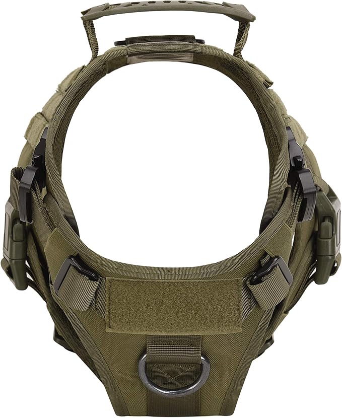 Tactical Dog Harness Vest with Handle Military Working Training Molle Vest with Metal Buckles & Loop Panels Free Bungee Dog Leash (L, Green Harness with Leash)