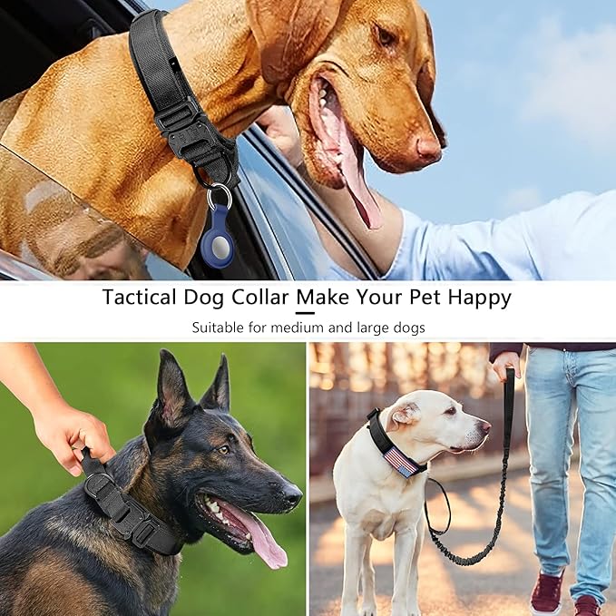 DAGANXI Tactical Dog Collar, Adjustable Military Training Nylon Dog Collar with Control Handle and Heavy Metal Buckle for Medium and Large Dogs, with Patches and Airtags Case (S, Black-Set)
