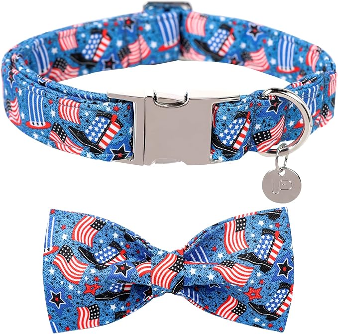 Patriotic Dog Collar with Bow Tie, 4th of July Bowtie Dog Collar, American Flag Collar for X-Large Boy Girl Dog, Comfortable Summer Bowtie Collar with Metal Buckle, XL