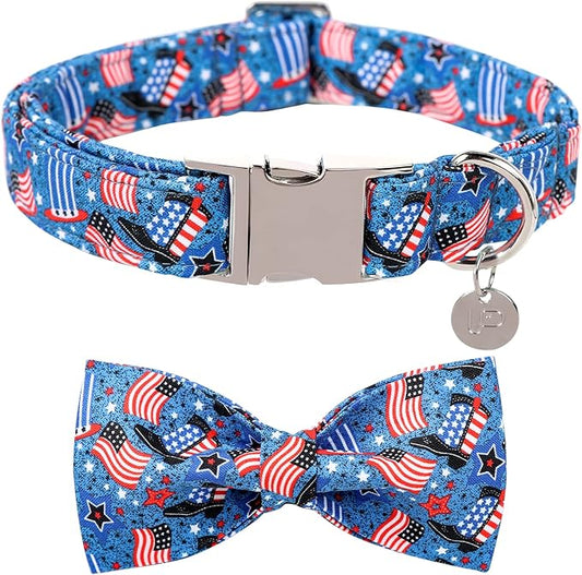 Patriotic Dog Collar with Bow Tie, 4th of July Bowtie Dog Collar, American Flag Collar for X-Large Boy Girl Dog, Comfortable Summer Bowtie Collar with Metal Buckle, XL