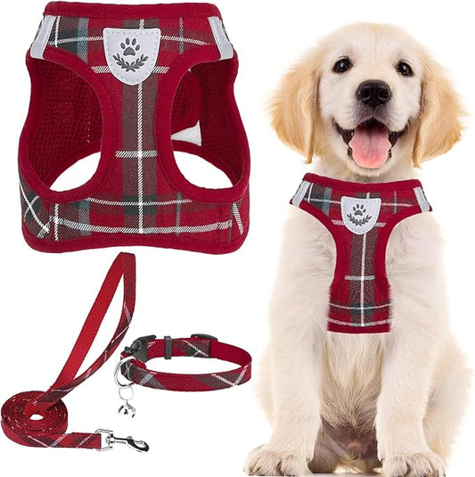 PUPTECK Adjustable Dog Harness Collar and Leash Set Step in No Pull Pet Harness for Small Medium Dogs Puppy and Cats Outdoor Walking Running, Soft Mesh Padded Reflective Vest Harnesses, Red S