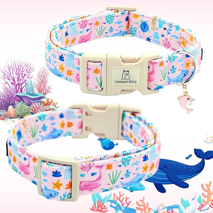 Lionheart glory Dog Collar Sea Animals Print Pink Dog Collars Male or Female Spring Summer Cute Collar Pet Gift Durable Adjustable Dog Collar for Large Dogs