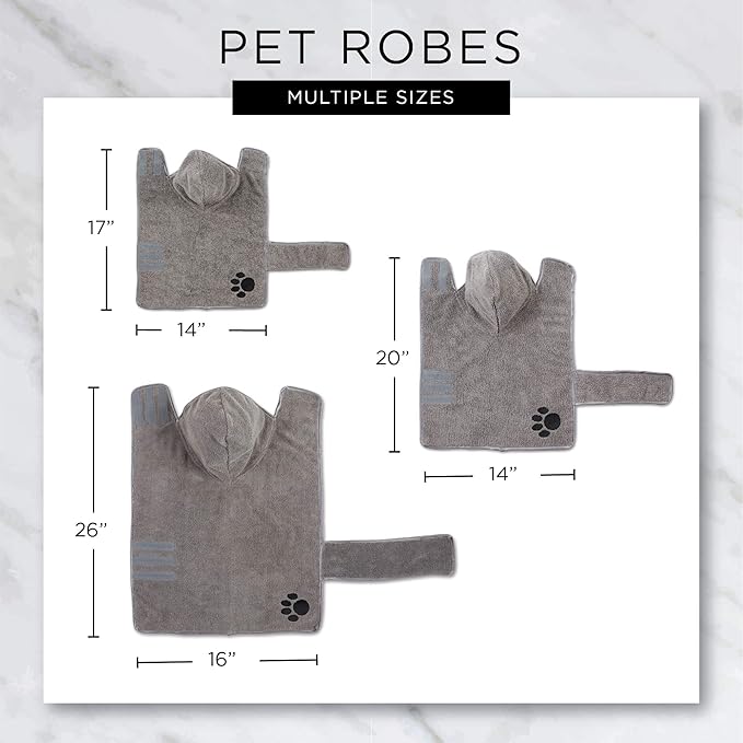Bone Dry Pet Robe Collection, Embroidered Absorbent Microfiber Bath Robe with Adjustable Closure, for Dogs & Cats, Small, Gray