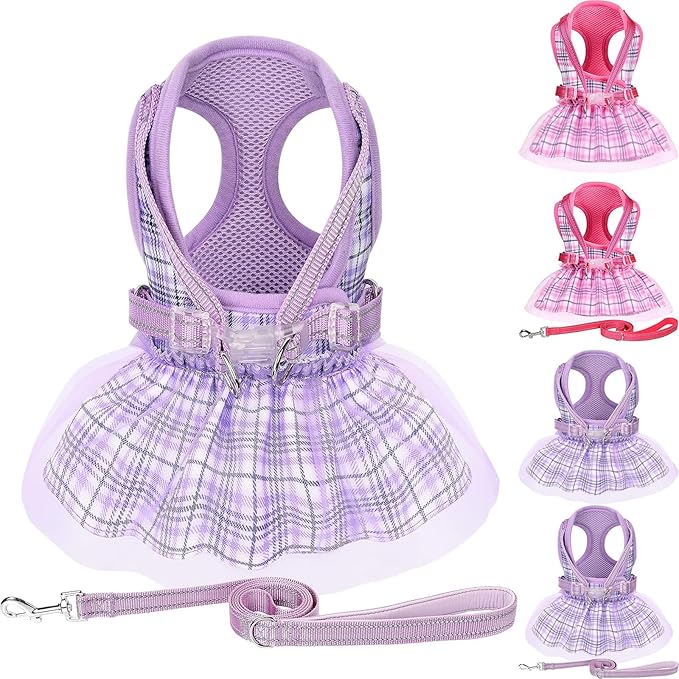 Dog Harness Dress, Plaid Dog Harness Dress with Leash Set, Summer Cute Pet Dog Clothes,Girl Puppy Dresses for Girl Small Dogs, Chihuahua Harness (Purple Harness+Rope, Small)